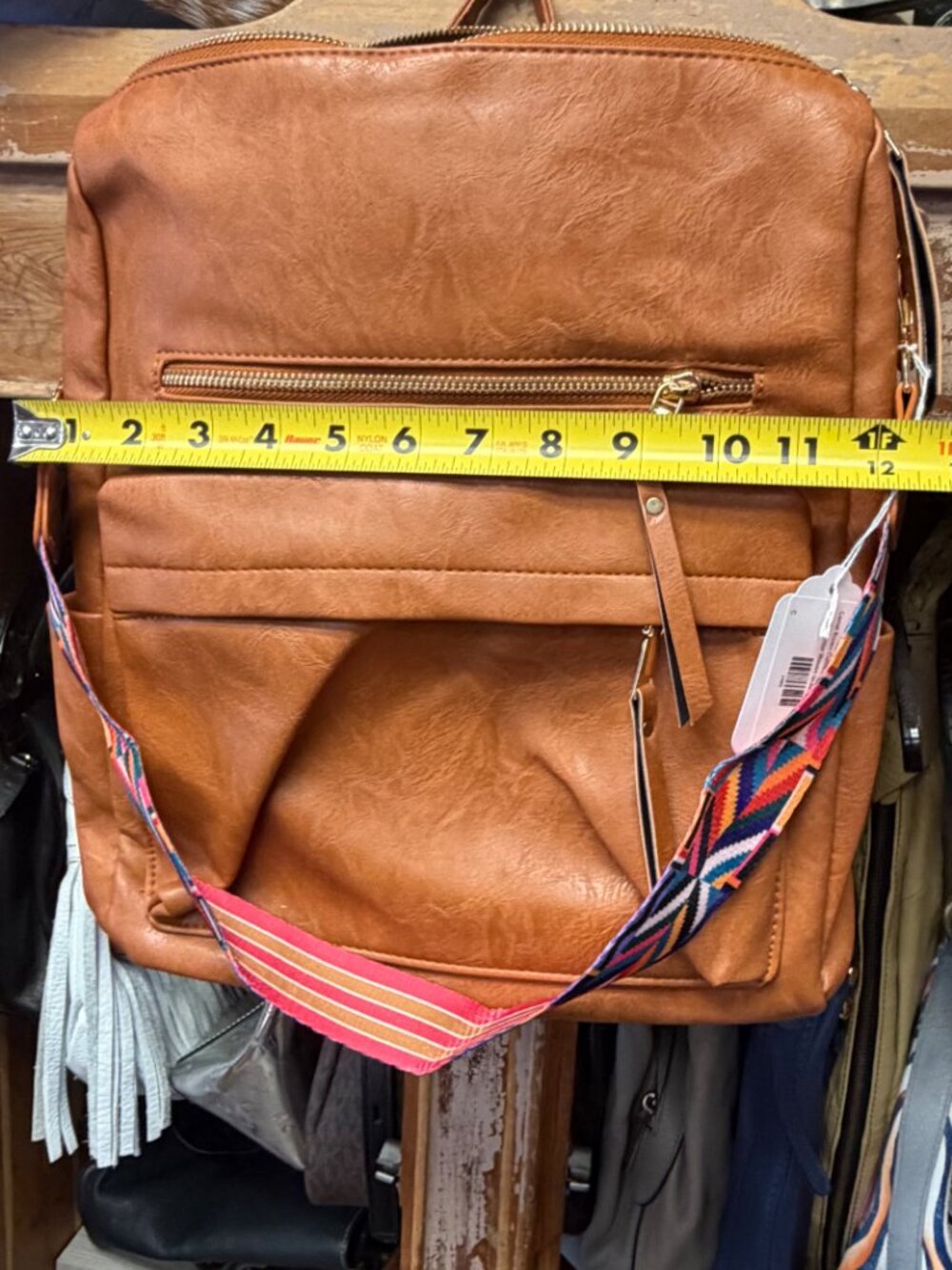 Camel Brown Convertible Faux Backpack Shoulder Bag Multicolor Woven Strap - Picture 6 of 6
